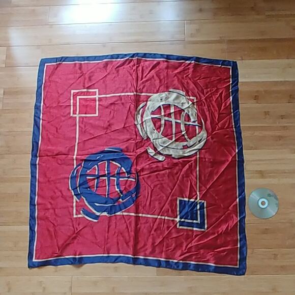 100% silk scarf Large Red, Cream, Blue - Picture 2 of 3